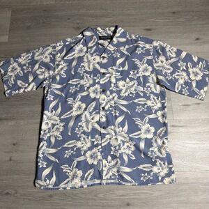 Brandini 100% Silk Hawaiian Shirt Mens M Blue Floral Aloha Camp Button Up